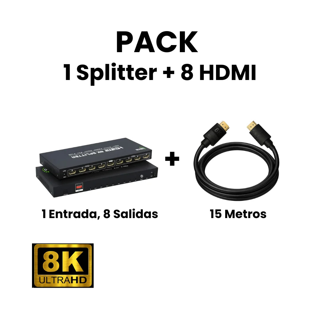 Pack splitter HDMI 2.1 8k 1x8 salidas + 8 cables HDMI 2.1 de 15 metros Dinon. Ideal para videowall, retails, salas magnas, etc.