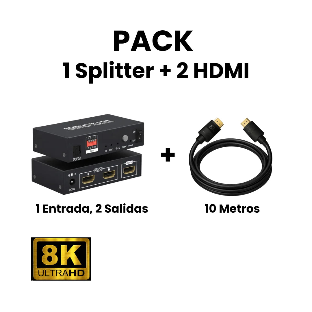 Pack Splitter HDMI 2.1, 1X2, + 2 cables HDMI 2.1 de 10 metros Dinon. Excelente para colegios, eventos, oficinas, home cinema, etc.