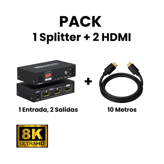Pack Splitter HDMI 2.1, 1X2, + 2 cables HDMI 2.1 de 10 metros Dinon. Excelente para colegios, eventos, oficinas, home cinema, etc.