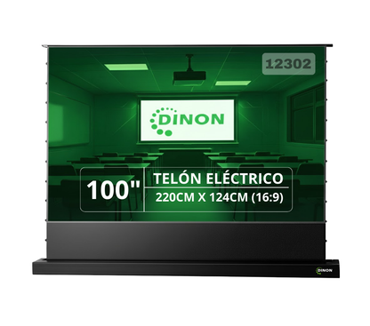 Pantalla de proyección alr eléctrica a piso Dinon, con 100 pulgadas y relación 16:9. Ideal para colegios, eventos, universidades.