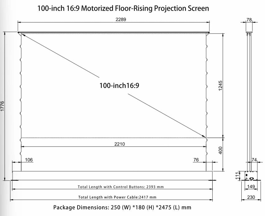 Medidas de la pantalla de proyección eléctrica a piso ALR, de 100", 16:9