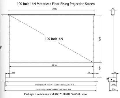 Medidas de la pantalla de proyección eléctrica a piso ALR, de 100", 16:9