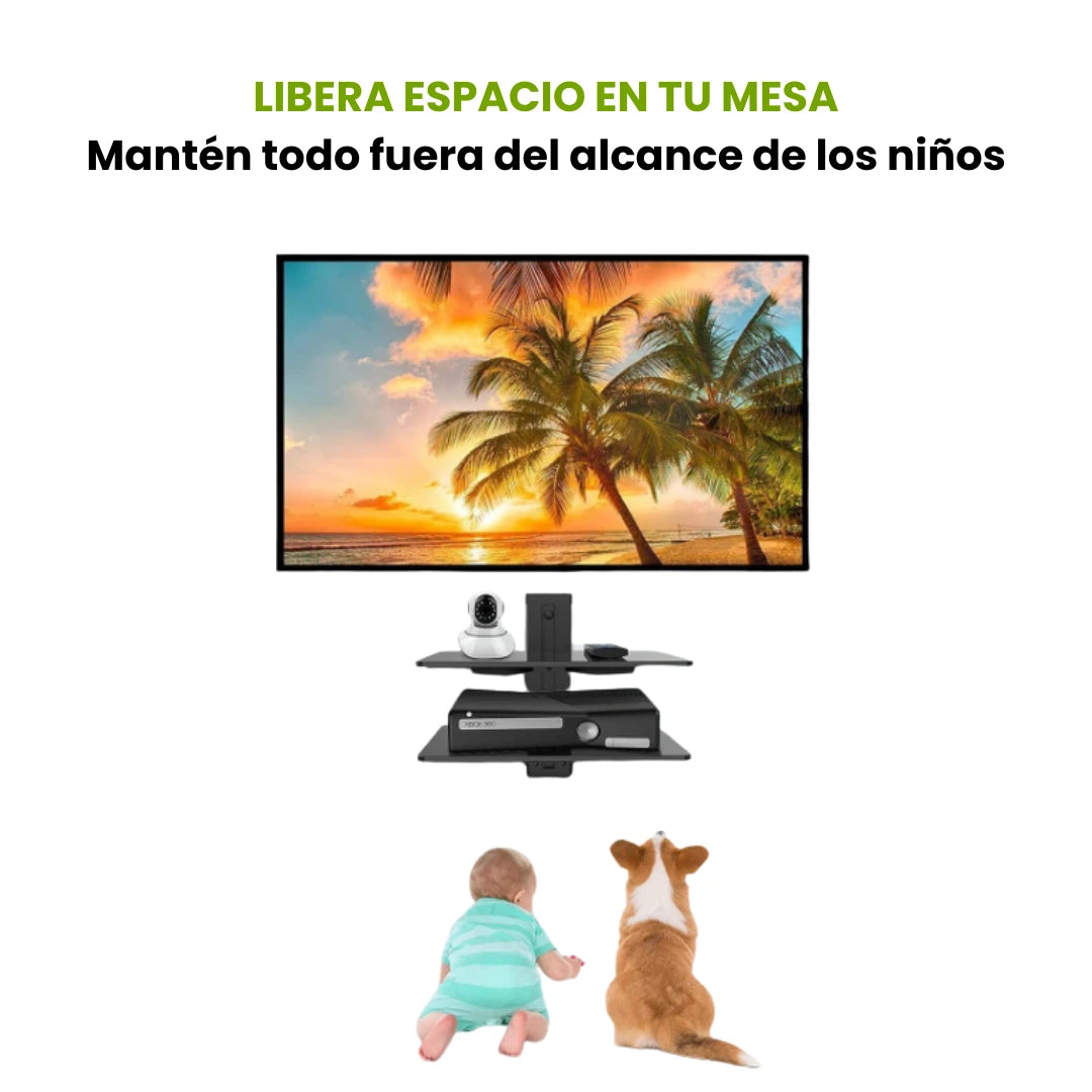 Soporte con bandeja doble de vidrio a muro. Con seguridad para evitar alcance de niños y/o mascotas