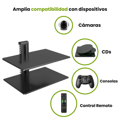 Soporte de Bandeja de VIdrio doble. Compatible con consolas, control remoto, camara, cds