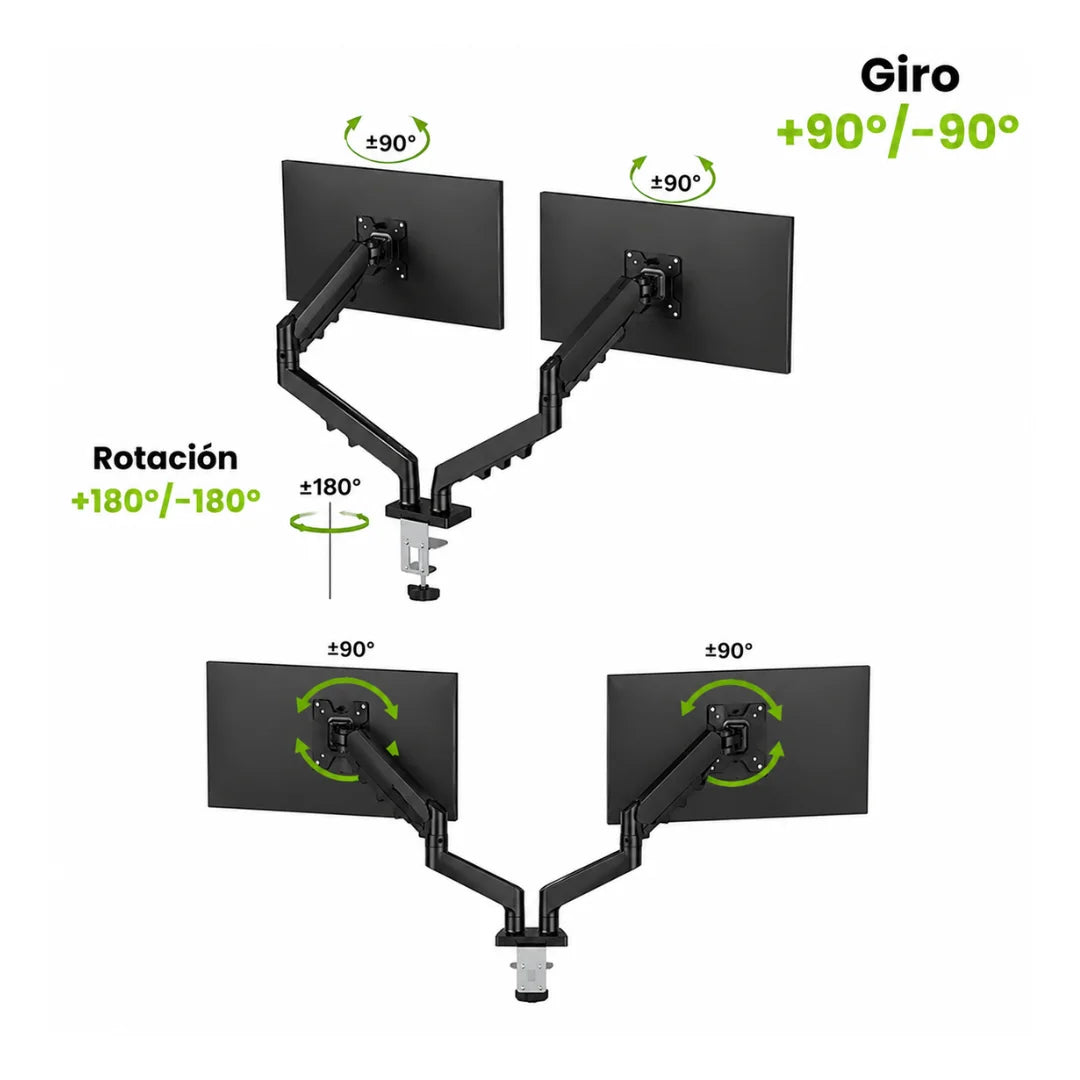 Soporte de monitor brazo doble Dinon. Con giro 90º+- y rotación +-180º
