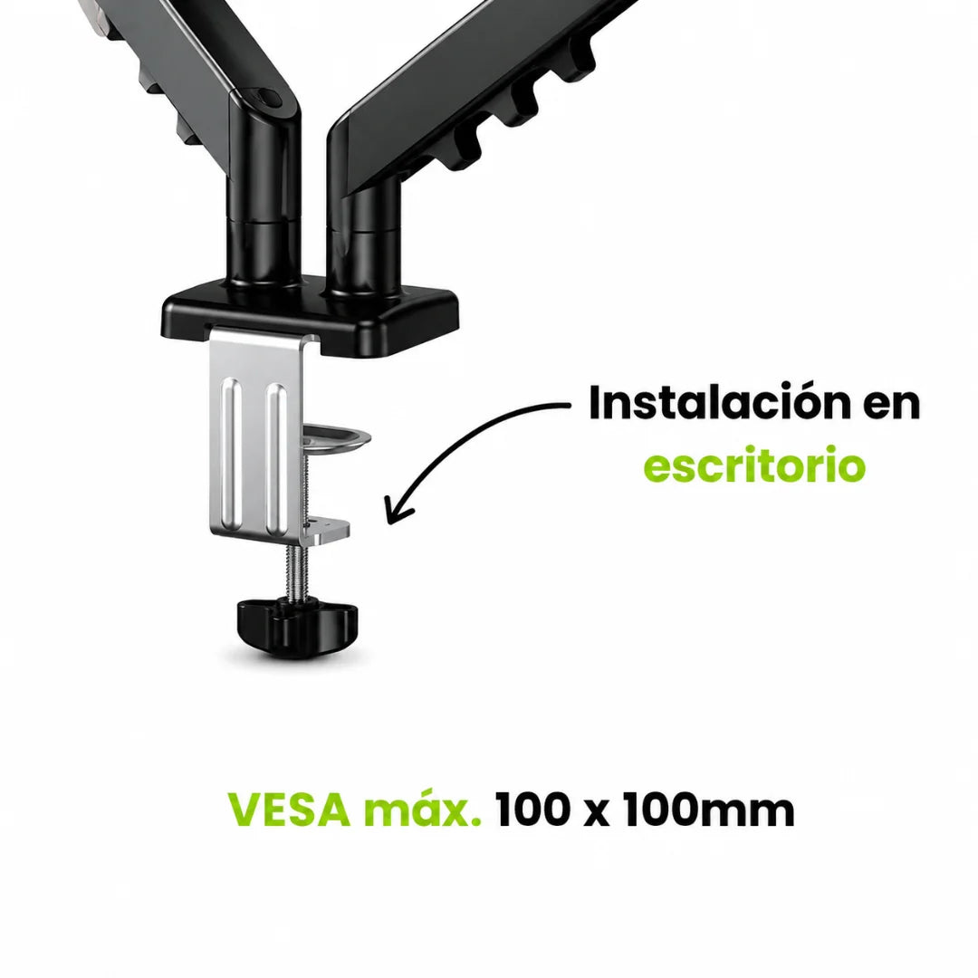 Soporte de monitor brazo doble Dinon, con instalación en escritorio y VESA max 100mm