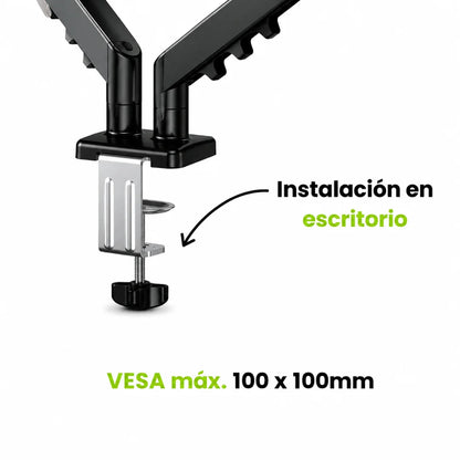 Soporte de monitor brazo doble Dinon, con instalación en escritorio y VESA max 100mm