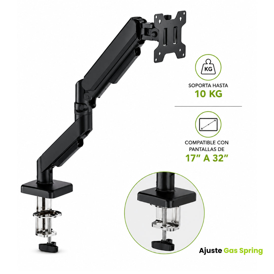 SOPORTE TIPO BRAZO SIMPLE PARA MONITOR 17-32", GAS SPRING, 10KG, NEGRO, DINON