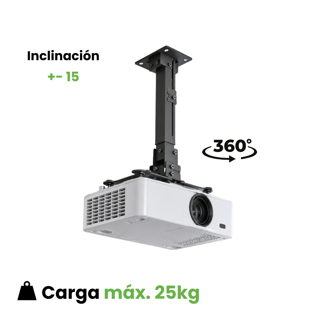 Soporte Para Proyector A Techo/Pared Extensible 40-63 cm, ±15°, 360°, 25Kg, Negro, Dinon