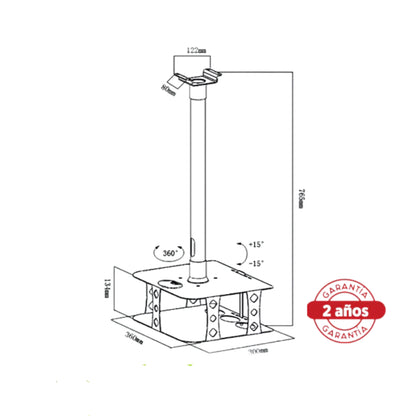 Medidas del soporte de proyector a techo tipo jaula de Dinon. Excelente para colegios y universidades