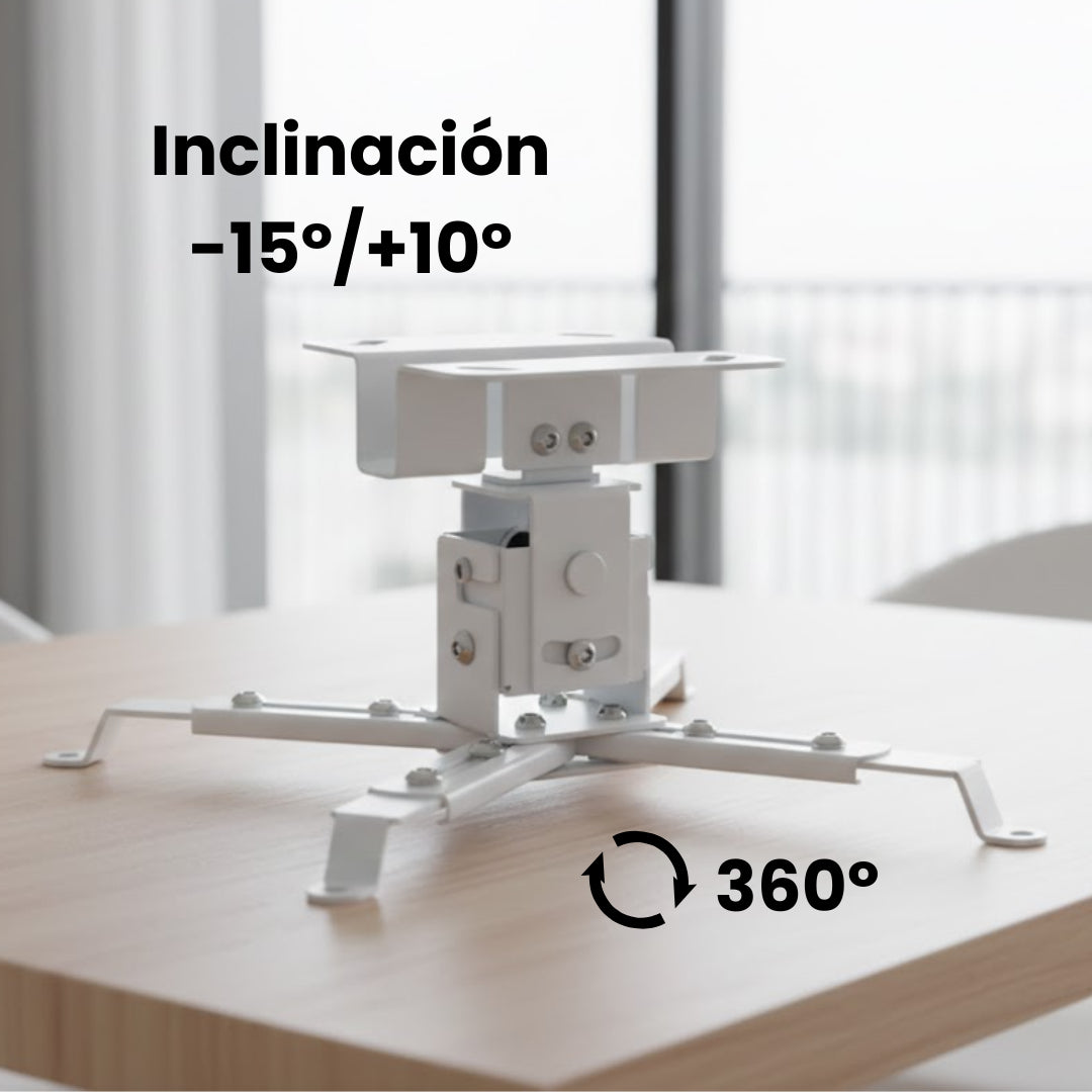Soporte a techo para proyector Dinon. Cuenta con inclinación -15º a +10º y rotación de 360º