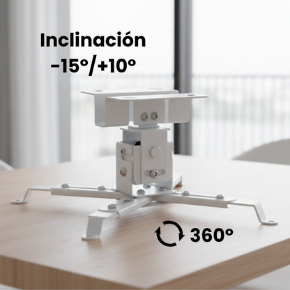 Soporte a techo para proyector Dinon. Cuenta con inclinación -15º a +10º y rotación de 360º