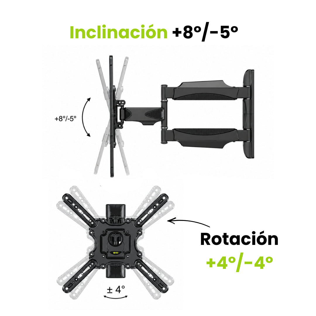 Soporte de TV brazo, inclinación +8º/-5º y rotación de +4º y -4º