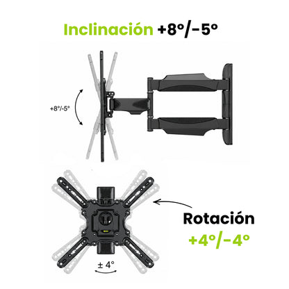 Soporte de TV brazo, inclinación +8º/-5º y rotación de +4º y -4º