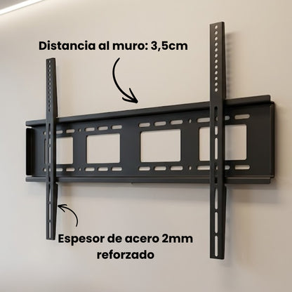 Soporte de TV Dinon con acero reforzado y distancia al muro de 3,5cm. Con gran estabilidad y seguridad.