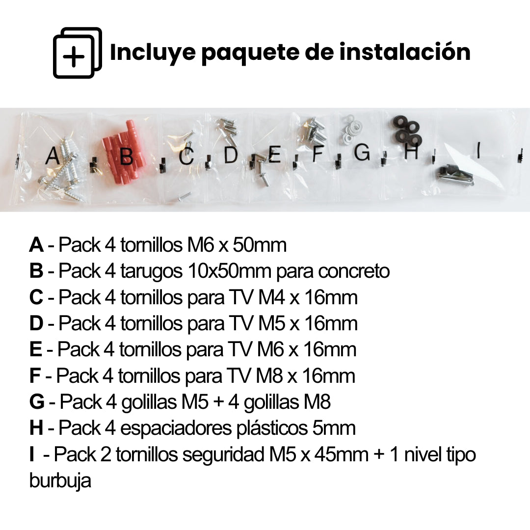 El soporte de TV Dinon universal incluye paquete de instalación, perfecto para no tener complicaciones.