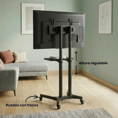 Soporte de TV tipo pedestal Dinon. Con altura ajustable y con ruedas con frenos