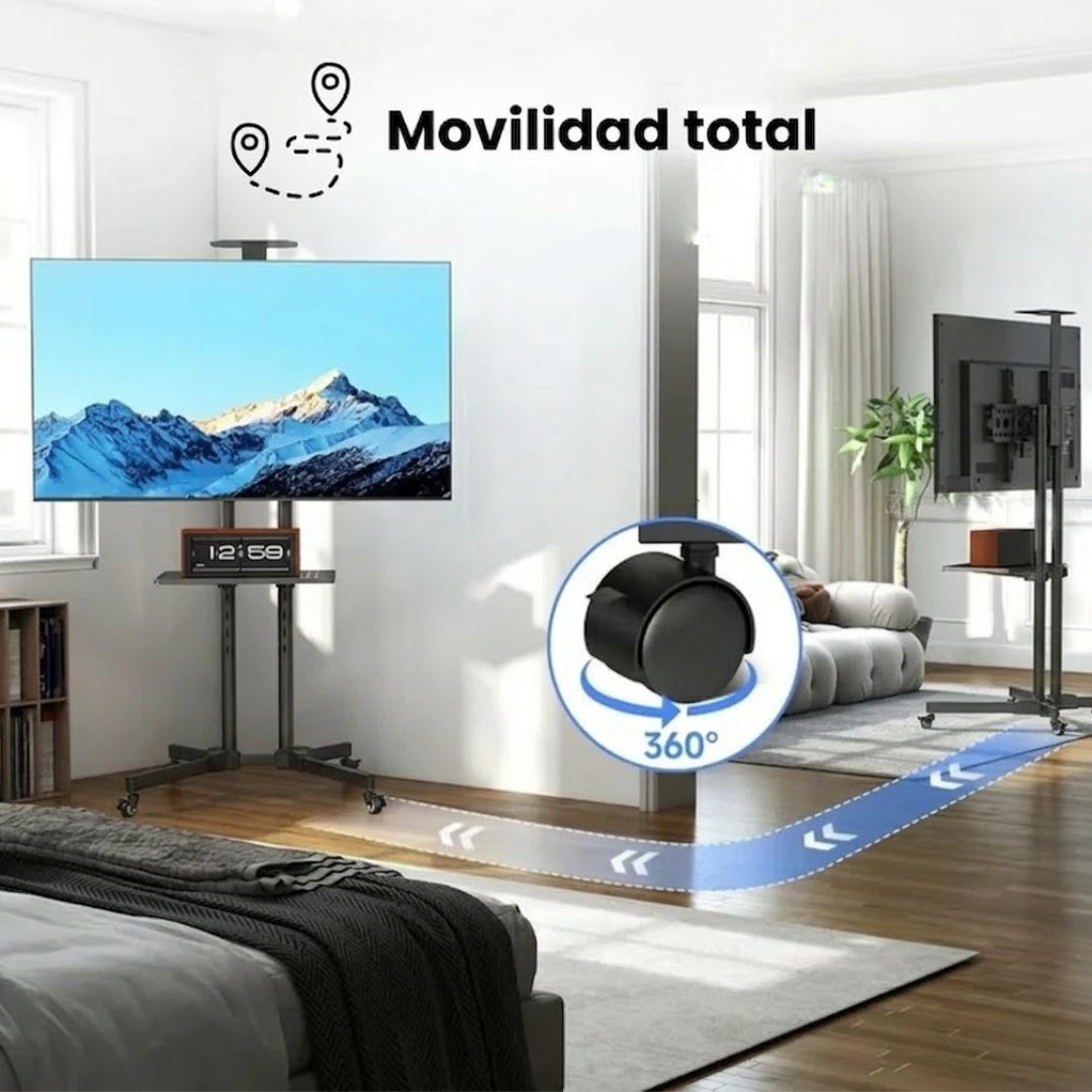 Soporte de Tv tipo pedestal con ruedas. Permite movilidad total