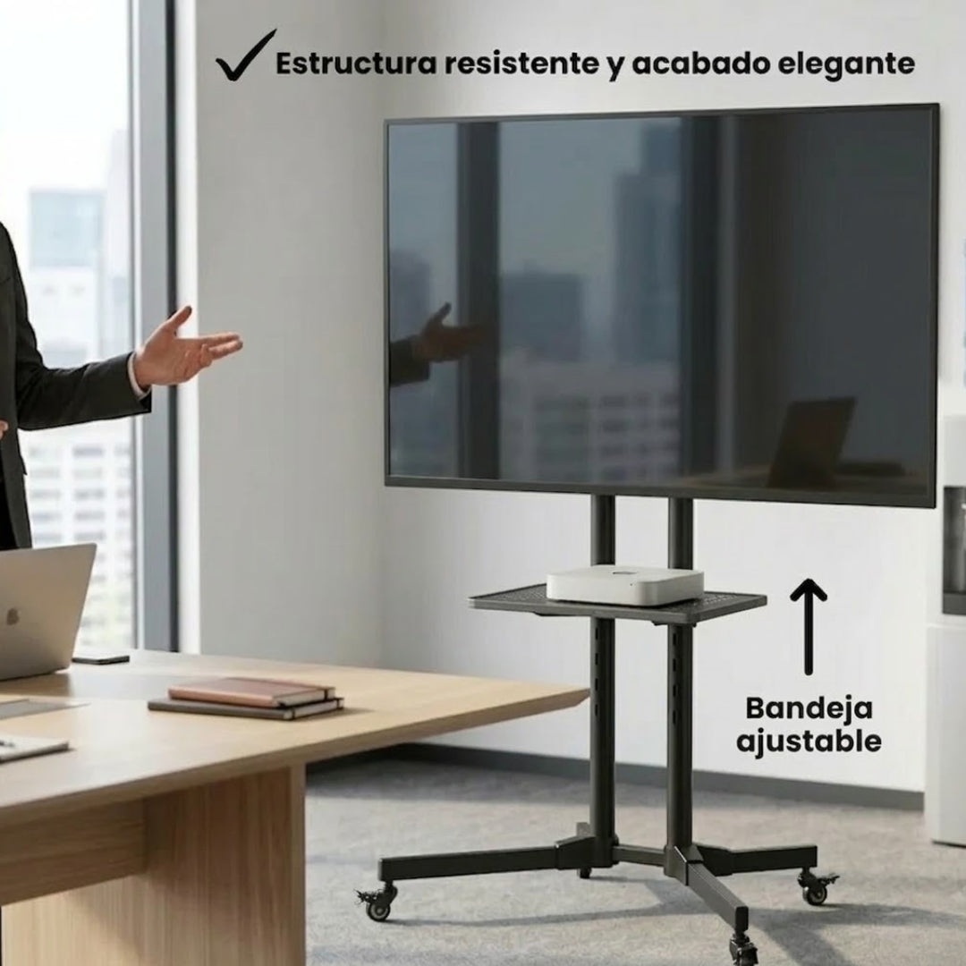 Soporte de TV pedestal Dinon. Con una estructura resistente, acabado elegante y bandeja ajustable.