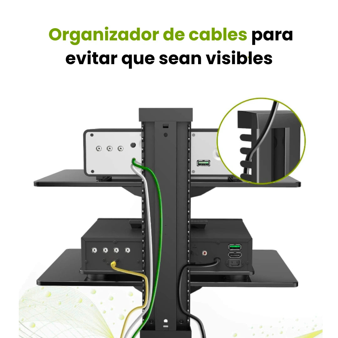 Soporte con bandeja doble de vidrio a muro. Con organizador de cables para evitar que sean visibles