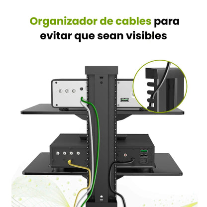Soporte con bandeja doble de vidrio a muro. Con organizador de cables para evitar que sean visibles