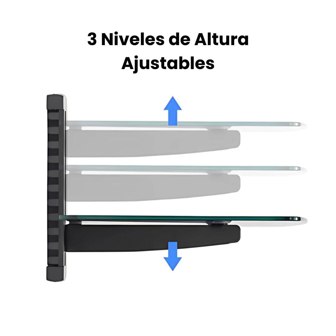 Soporte de Vidrio a Muro con bandeja justable a 3 niveles. Dinon
