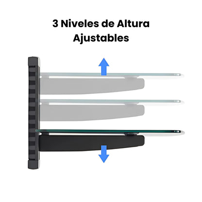 Soporte de Vidrio a Muro con bandeja justable a 3 niveles. Dinon