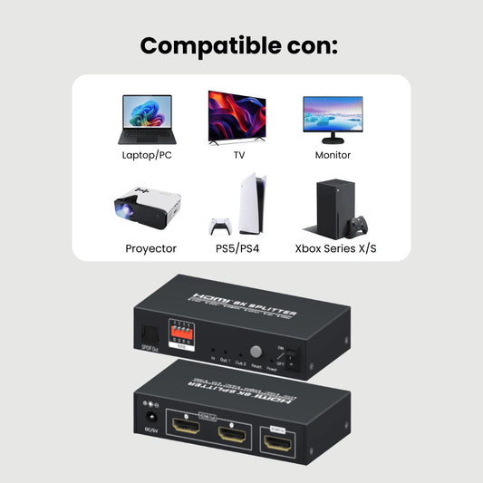 Compatibilidades del splitter 1 entrada 2 salidas para 2 pantallas HDMI 2.1 de 8K 60Hz HDCP2.3 para PS5, Smart TVs, PC Gamer