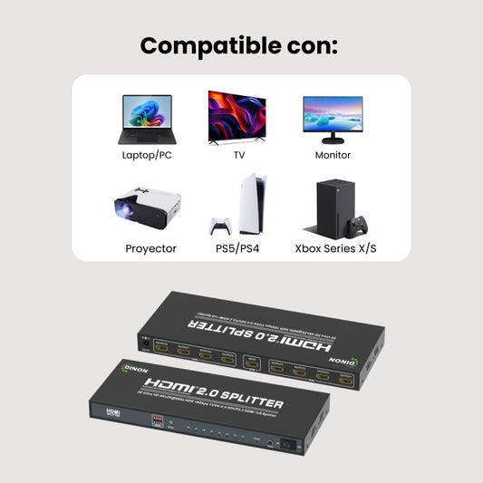 Splitter HDMI 2.0 1x8 Dinon, compatible con TV, Monitor, Laptop, Proyector, PS5, Xbox. Ideal para universidad, casa, colegios