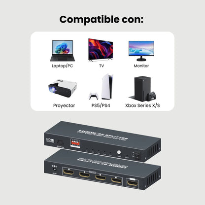 Compatibilidades Splitter HDMI 2.1 Dinon con PS5, PC Gamer, streaming, para 4 pantallas, proyectores 