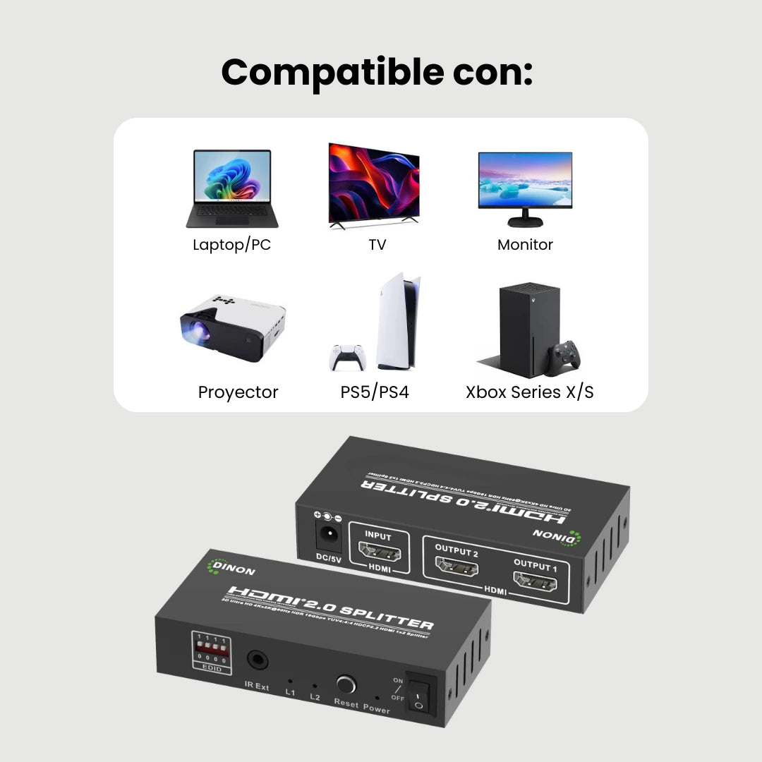 Splitter HDMI 2.0 1x2 Dinon, compatible con PC, Laptop, TV, Monitor, Proyector, PS5 y Xbox