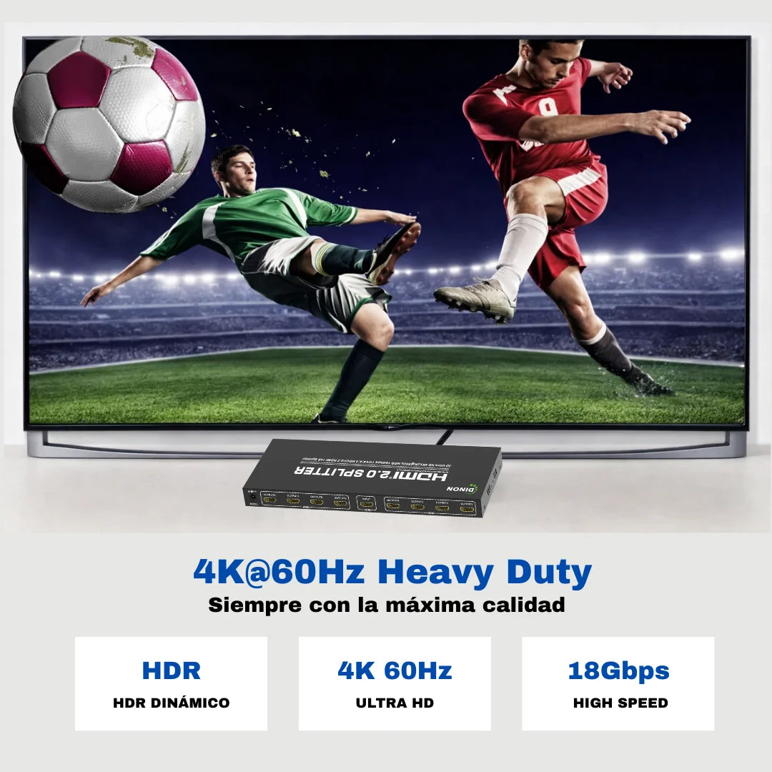 Splitter HDMI 2.0 1x8 Dinon , 4k60hz, compatible con HDR y un anchos de banda de 18gbps