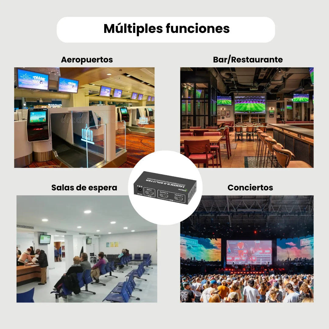 El splitter hdmi 2.0 dinon se puede usar para múltiples funciones como aeropuertos, bar, conciertos, salas de espera