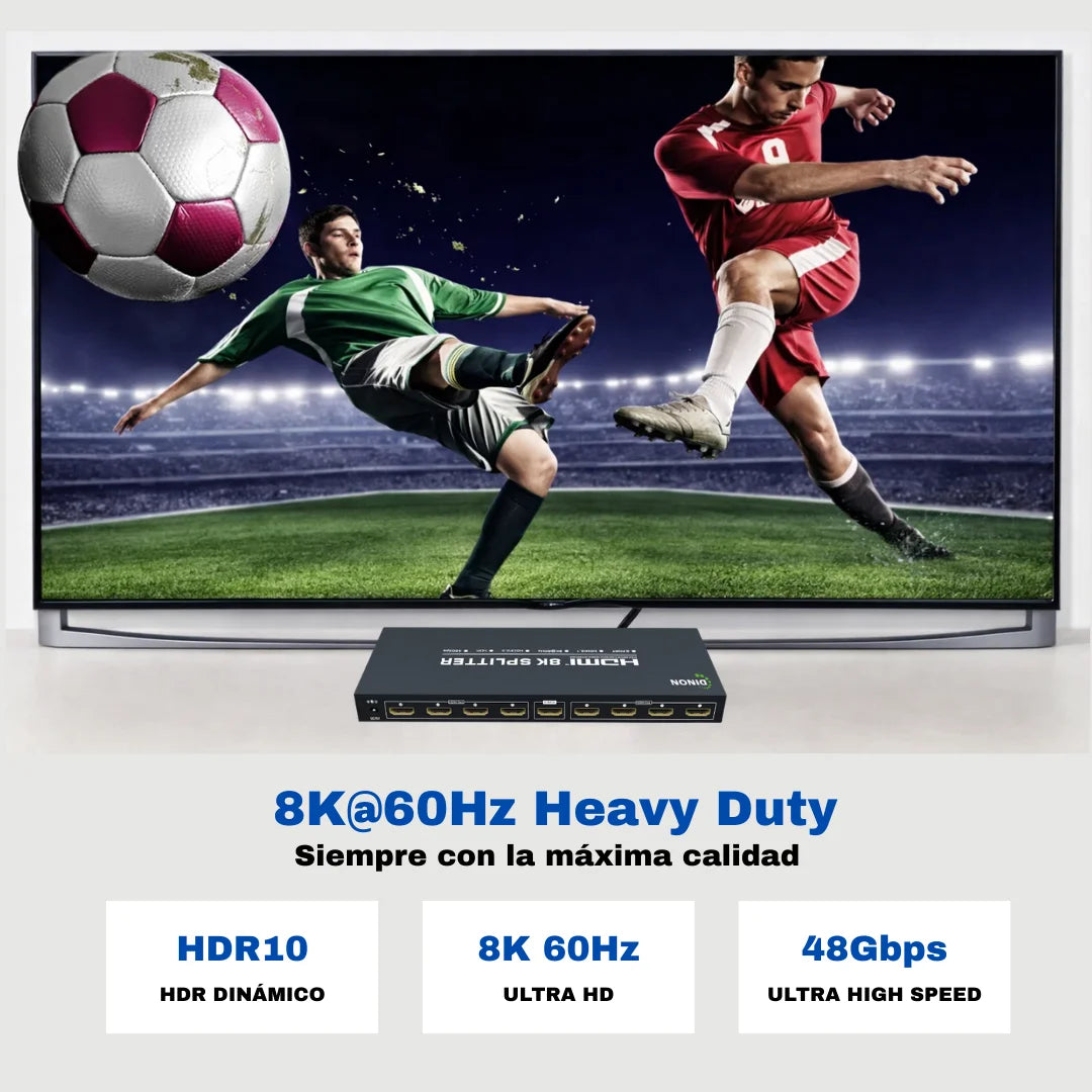 Splitter HDMI 2.1 1x8 8k60hz, compatible con HDR10 y un ancho de banda de 48 gbps