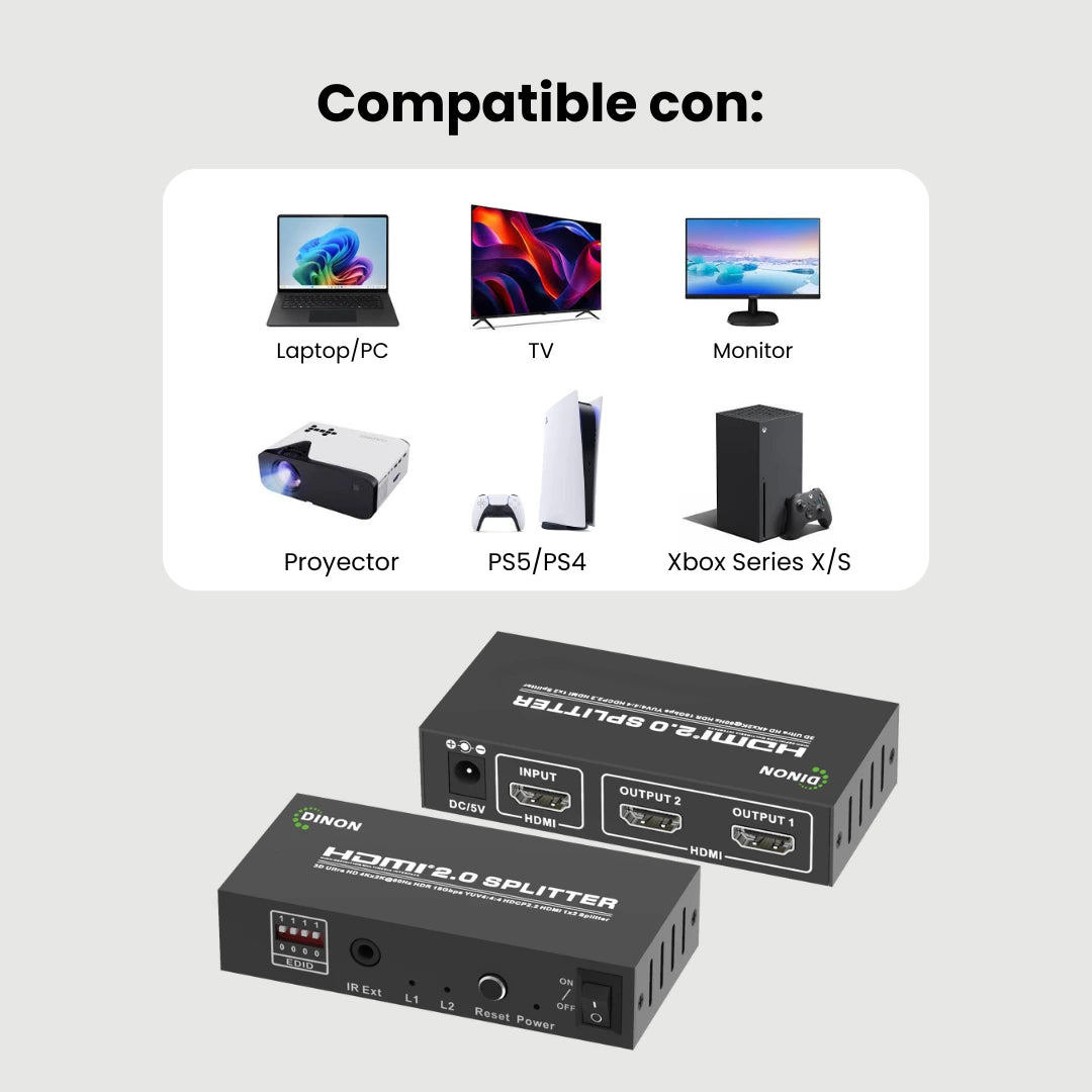 El extensor de splitter HDMI 1x2 4k60hz es compatible con PC, laptop, TV, Monitor, PS5, Xbox, proyector, pantallas