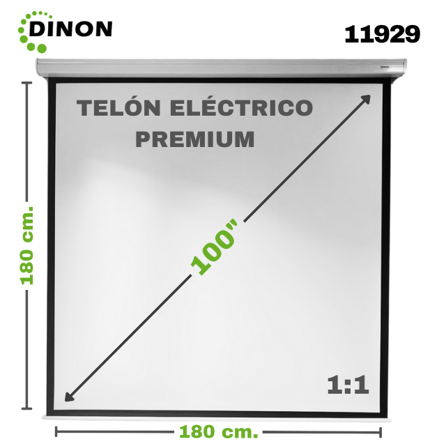 Telón eléctrico Dinon de 100 pulgadas con medidas detalladas en cm y pulgadas