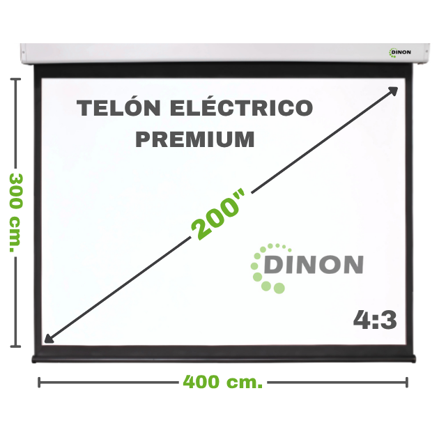 Telón eléctrico Dinon de 200 pulgadas con medidas detalladas en cm y pulgadas