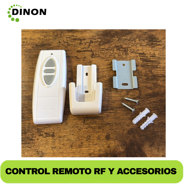 Control remoto y accesorios incluidos con el telón eléctrico Dinon para manejo a distancia