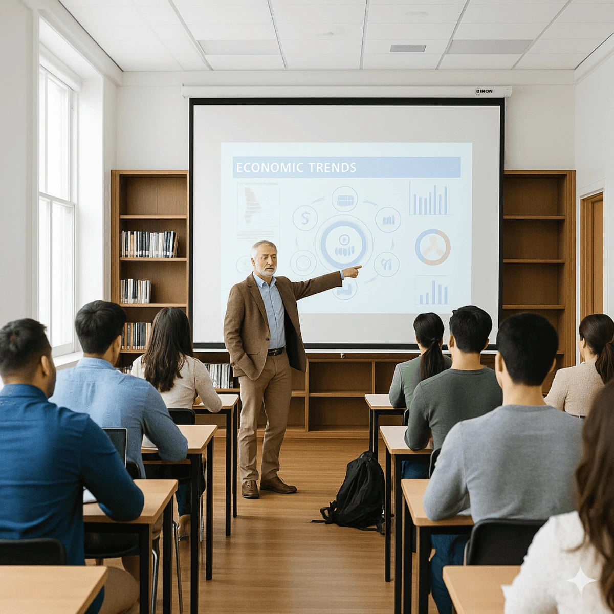 Telón de proyección eléctrico marca Dinon en instalado en una sala de clases de universidad