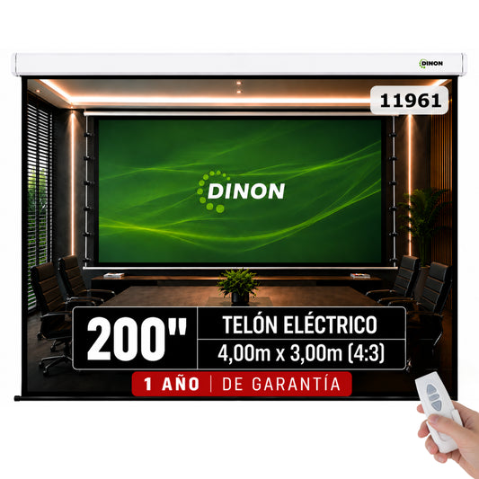 TELON ELECTRICO DINON  4,00 X 3,00 (200") C/R, MOTOR TUBULAR, TELA PVC SOFT BLANCO MATE, TENSIONADA, 4:3