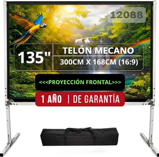 Telón mecano de Acero Dinon. 135", proyección frontal. 1 año de garantía.