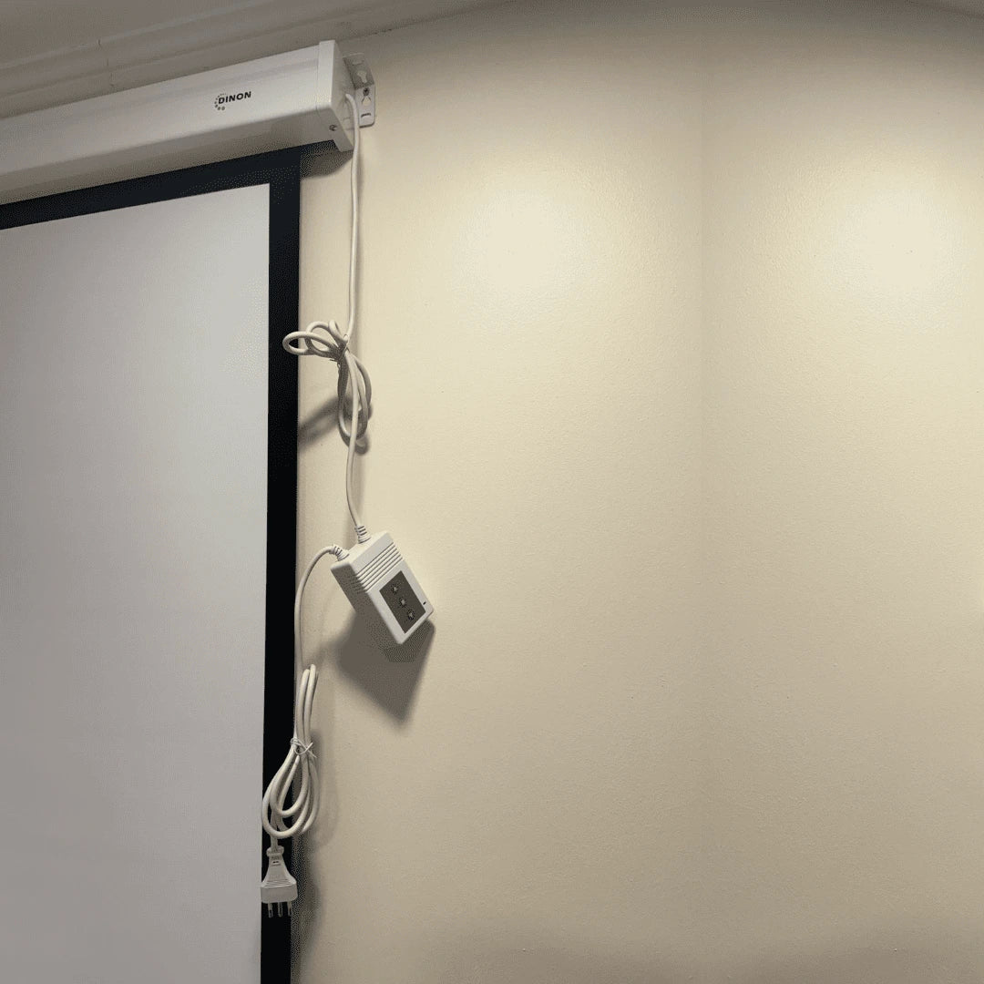 Telón de proyección eléctrico Dinon instalado en casa